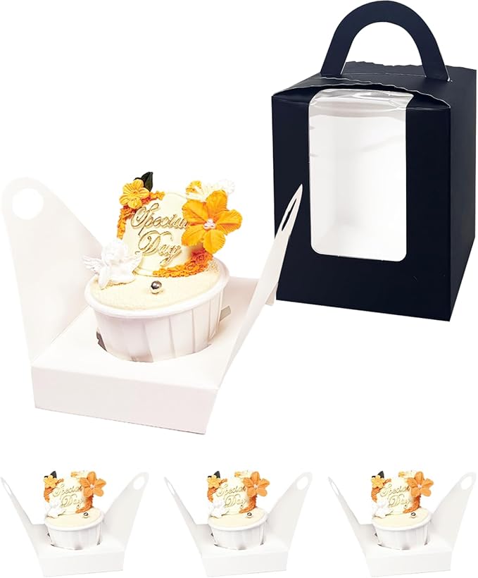 Bakepacker Auto-pop up Individual Cupcake Boxes with Window 25 Count Black Single Cupcakes Box 3.6 x 3.6 x 4.3inch Cupcake Carrier
