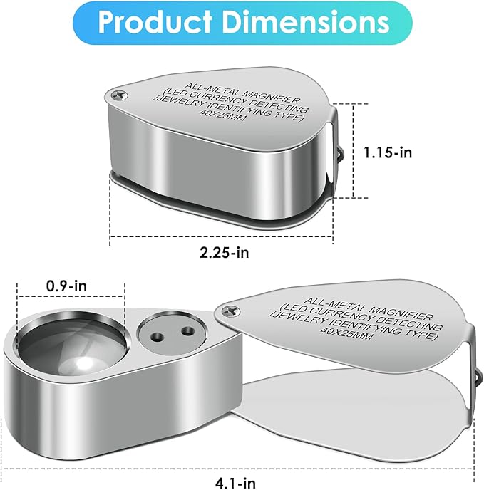 Leffis 40X Jewelers Loupe Magnifier Magnifying Glasses, LED/UV Illuminated Jewelry Loop Pocket Folding Magnifying Glass with Metal Construction for Close Work, Gardening, Kids, Stamp, Rock Collecting