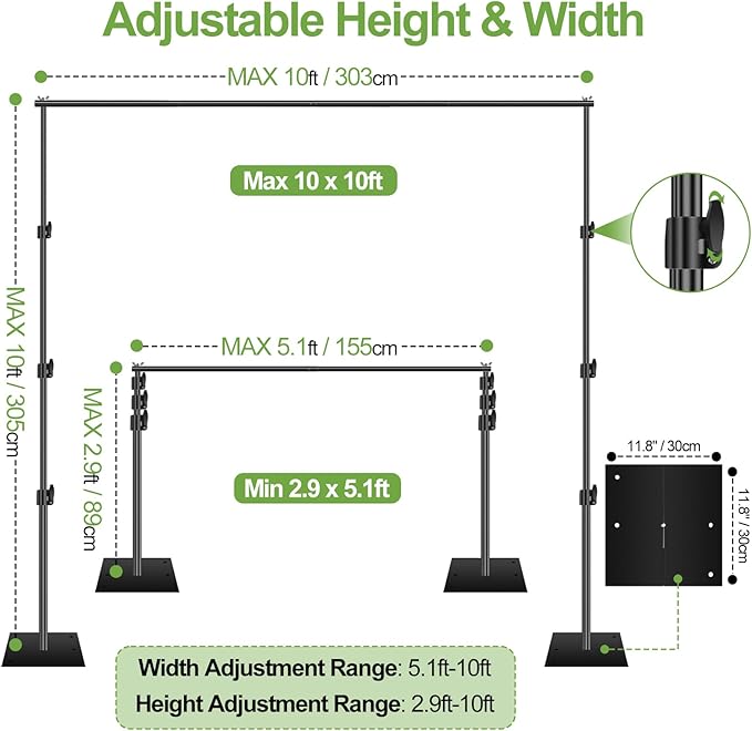 FUDESY Heavy Duty Backdrop Stand, 10x10ft Adjustable Photo Background Stand Support System Kit with Steel Base, Pipe and Drape Photography Backdrop Stand Kit for Parties Wedding Birthday