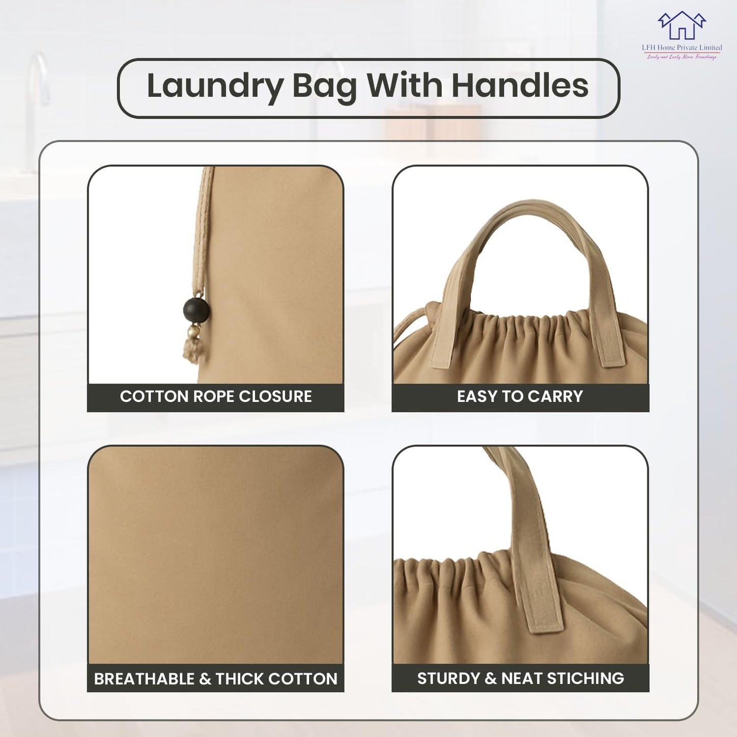 LFH Home Cotton Canvas Large Laundry Bag with Handle, Heavy Duty Drawstring Closure Washable Laundry Bags, School Travel, Home, Hotel, College Dorm, Organizer Sack, Toys Clothes 28x36-Beige