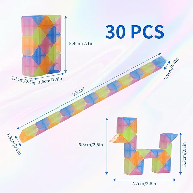 30pcs Bulk Fidget Glow in the Dark Snake Cube, Party Favors ,Goody Bag ,Bulk toys，Brithday Classroom Prizes,Pinata Stuffers Treasure Box for School Students Gifts for Boys and Girl
