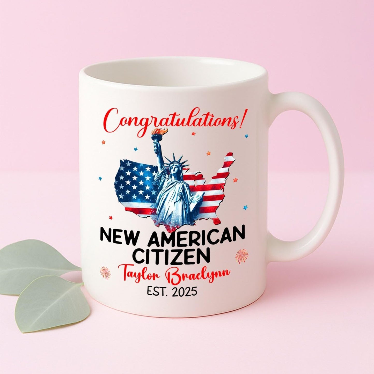 Congratulations New American Citizen Coffee Mug 11Oz 15Oz, Personalized Year & Name White Cup Gift For Sister Brother New US Citizen, Novelty American Flag Coffee Cup, Customized US Citizenship Mug