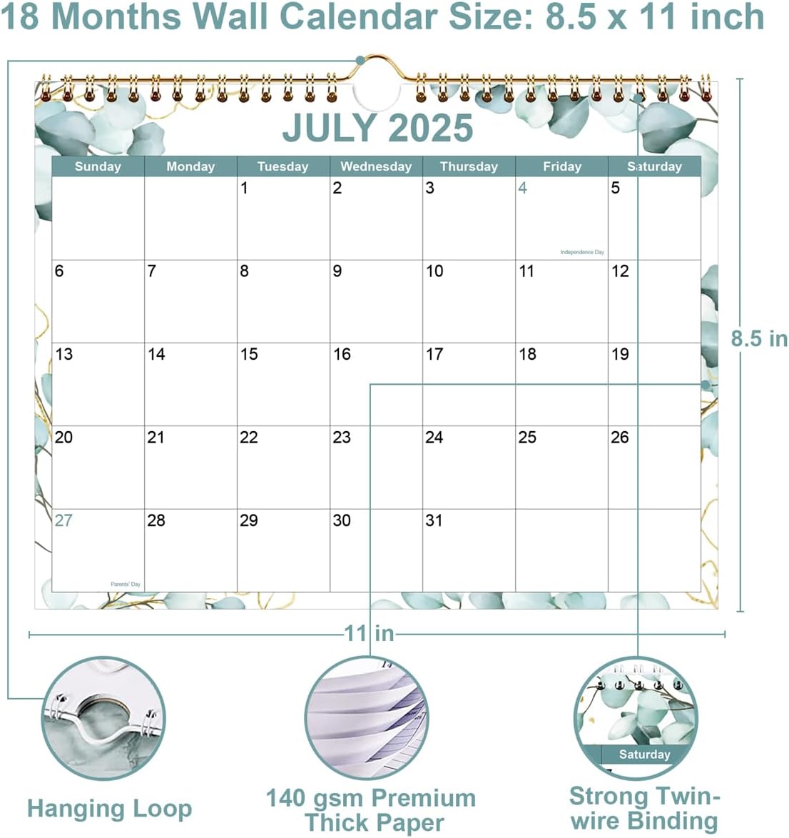 Calendar 2025-2026, Wall Calendar from September 2025 - December 2026, 18 Months Calendar with Premium Paper, Twin-Wire Binding & Hanging Hook, 8.5" x 11", Green Leaf