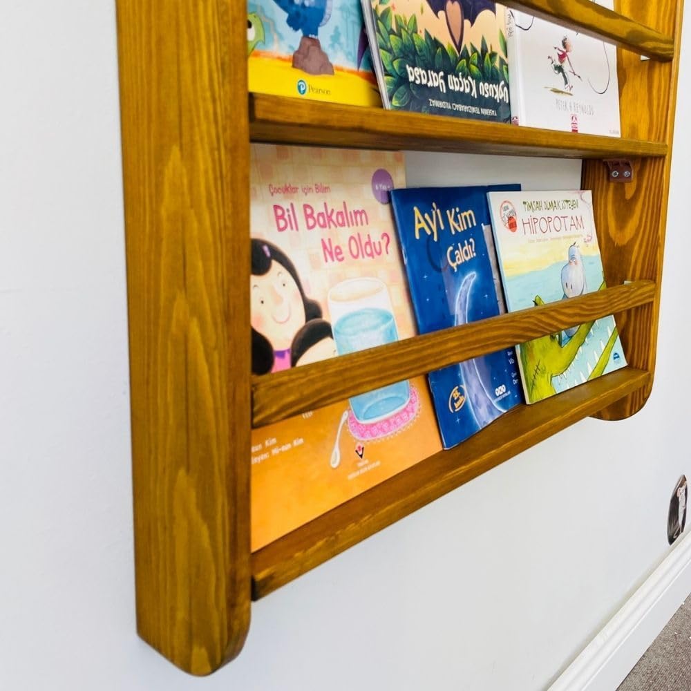 Handmade Solidwood Wall Mounted Montessori Kids Bookshelf, Solid Pine 4 Tier Book Display for Children Bedroom, Nursery Furniture Bookcase, Pine Tree Book Organiser for Living Room (Chestnut)