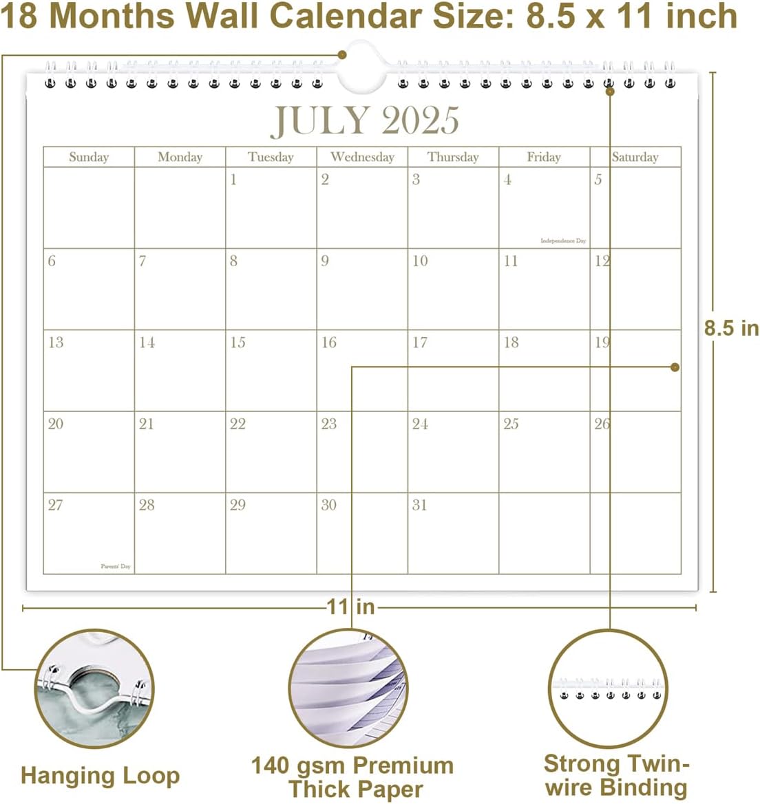 Calendar 2025-2026 - Wall Calendar from July 2025 - December 2026, 18 Months Calendar with Premium Paper, Twin-Wire Binding & Hanging Hook, 8.5" x 11", Golden