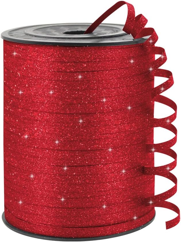 Red Glitter Curling Ribbon, 1/5" Wide x 500 Yards Christmas Curling Ribbons for Gift Wrapping, Party Decoration, Balloon String, Crafting, Balloon Ribbons for Florist Flower (1 Roll)
