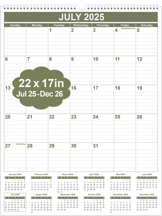 Large Calendar 2025-2026 with Spiral Bound - 18 Month Big Calendar from July 2025 to December 2026, Vertical Large Monthly Calendario 2025-2026 for Wall, 22" x 17", Cyan