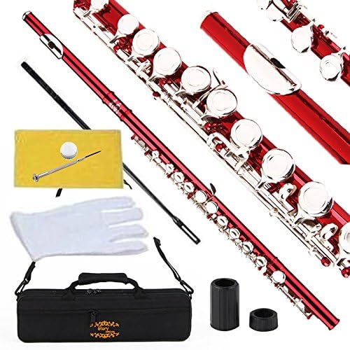 Glory Closed Hole C Flute With Case, Tuning Rod and Cloth and Gloves, Red