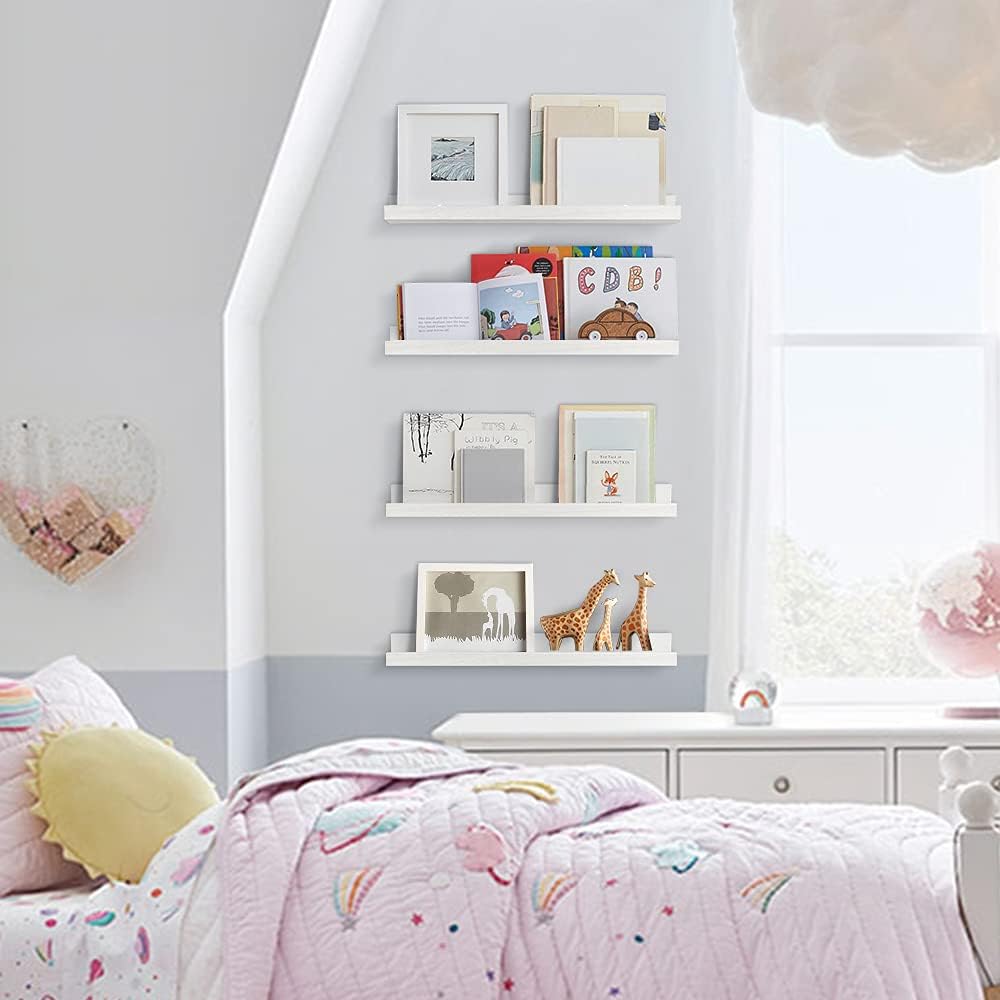 Forbena 24 Inch White Floating Shelves for Wall Set of 4, Wood Nursery Book Shelves for Kids Bedroom, Long Picture Ledge Shelf with Lip for Living Room Bathroom Office and Baby Wall Bookshelf
