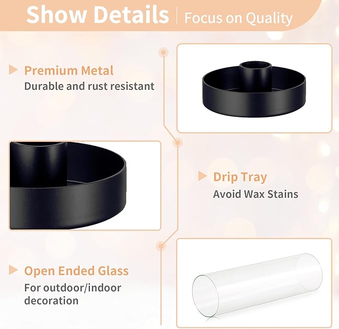 NUPTIO Hurricane Glass Candle Holders: 2 Pcs Black Candlestick Tapers Holder with 11.81 inch Tall Clear Cylinder Cover Metal Candle Sticks Stand for Wedding Christmas Thanksgiving Halloween Decor