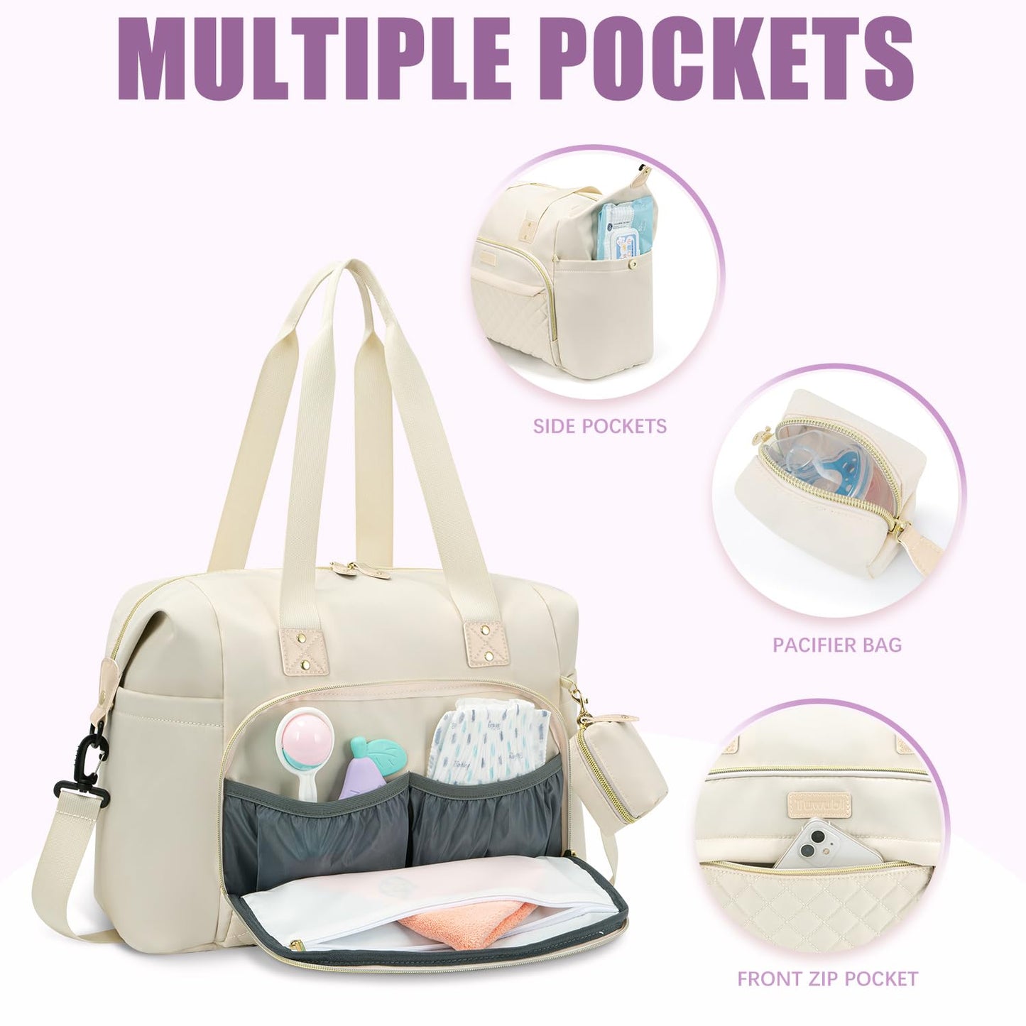 Tuwubi Diaper Bag Tote,Baby Diaper Bag with Pacifier Case Large Travel Diaper Tote Caddy for Mom and Dad Multifunction Large Baby Bag - White