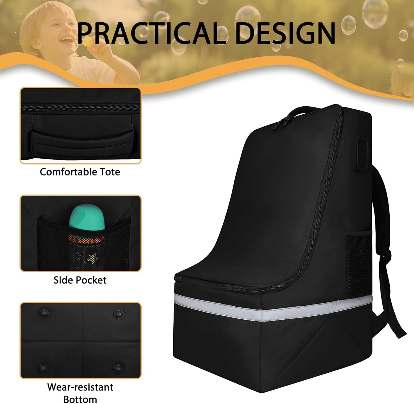 Car Seat Travel Bag for Airplane,Infant Seat Travel Bag with Shoulder Strap,Padded Car Seats Backpack with Reflective Stripes,Large Carseat Carrier Bag Travel Car Seat Cover, Black