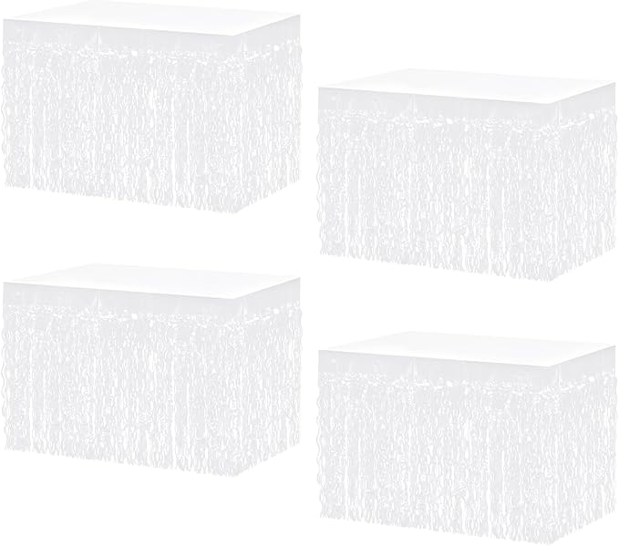 4P Wavy Metallic Tinsel Foil Fringe Table Skirts for Rectangle Tables Backdrop Garland Curtains for Parade Floats Wedding Birthday Parties Decoration Graduation 2025 Christmas (Makaron White)