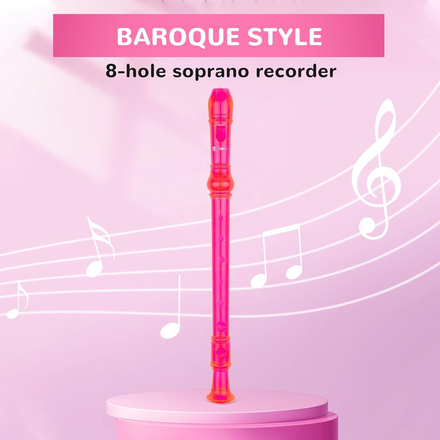 SWAN Soprano Recorder Instrument for Beginners Kids Student in School - Baroque Style 8 Hole Flute Detachable 3pcs ABS Descant Recorders with Cleaning Rod and Fingering Chart, Transparent Bobby Pink