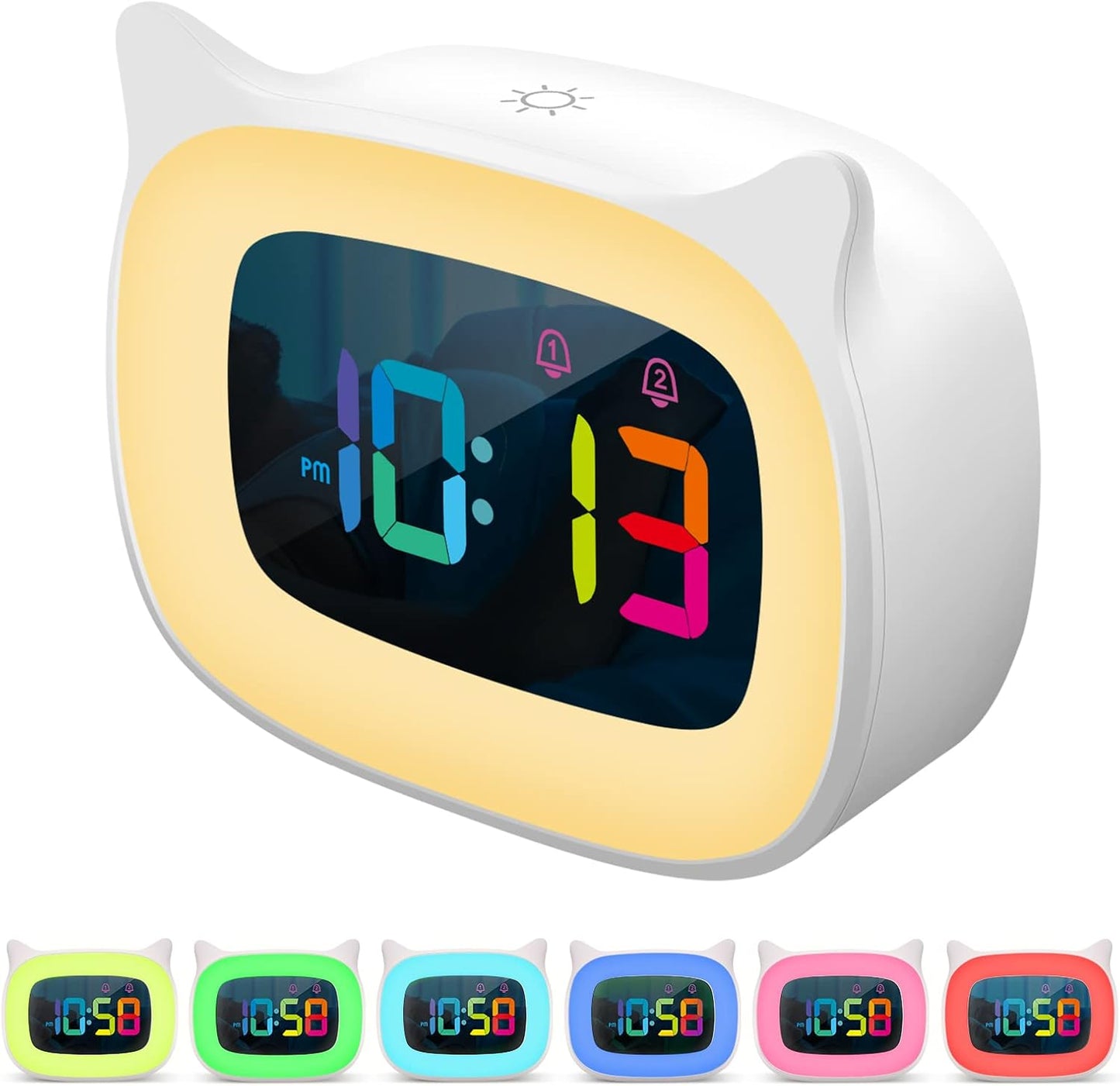 Cute Cat Ear Alarm Clock with RGB 7 Color Night Light & 18 Ringtones,Rechargeable Clock for Kids Bedroom,LED Colorful Digital Display,Bedside Clock for Boys,Girls Birthday Presents(White)