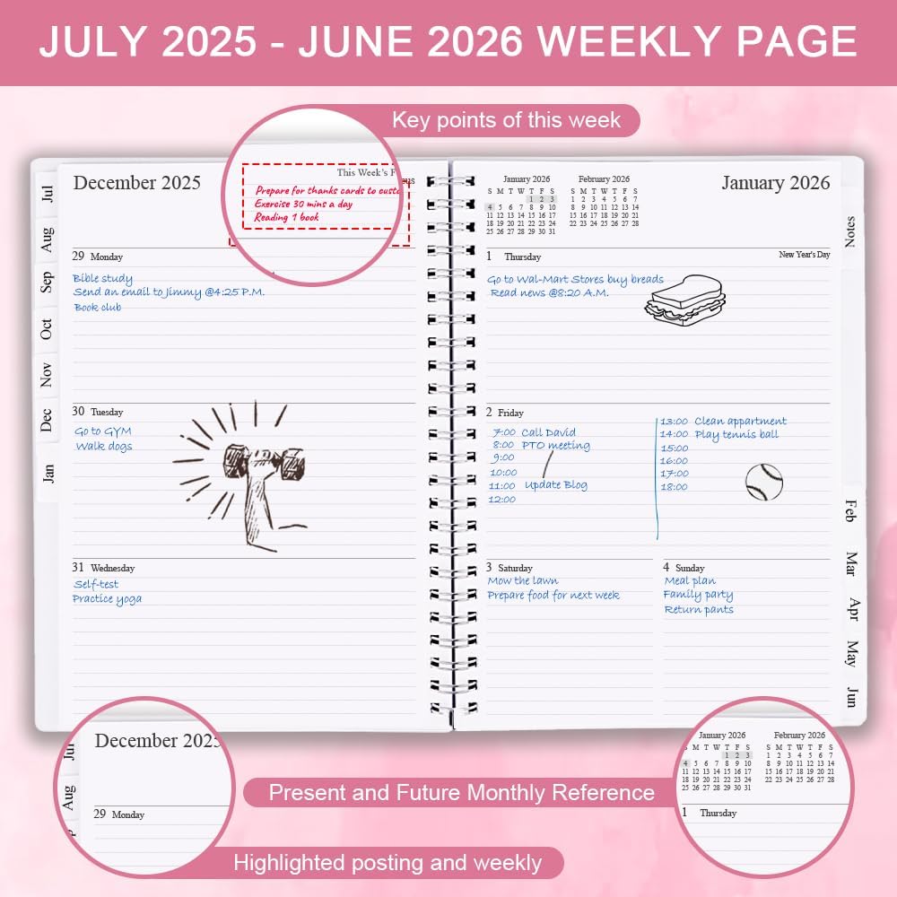 2025-2026 Planner - Weekly & Monthly Planner Runs Jul 2025 to Jun 2026, 6.25" x 8.25", 12 Monthly Tabs, 14 Notes Page, Plastic Pocket, Flexible Cover with Twin-Wire Binding, Planners 2025-2026