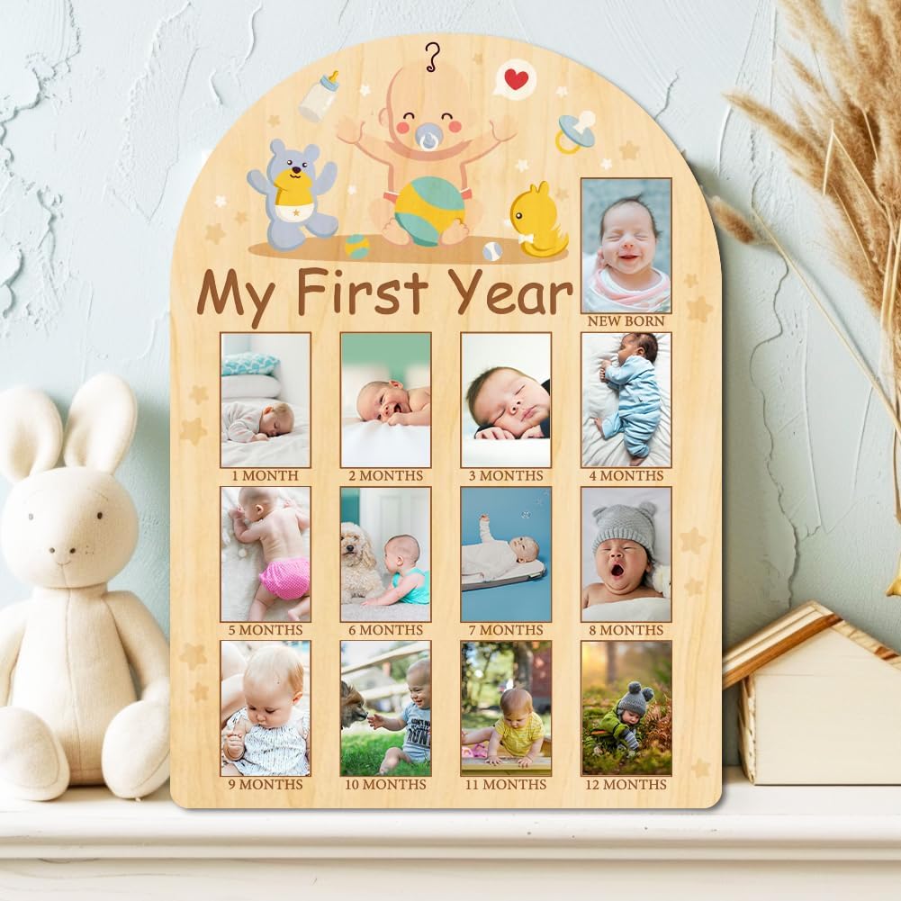 ORIGACH My First Year Baby Growth Photo Display Wood Board - 12 Months Newborn Milestones Photo Board - Neutral Baby Keepsake Frame 1st Birthday Party Nursery Decor New Mom Gift - Baby Bear & Duck