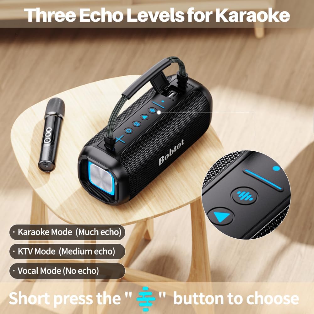 Portable Karaoke Machine, Bluetooth Speaker with Microphone, Three Echo Levels, Indoor and Outdoor Modes, IPX6, BT 5.3, Supports AUX, TF, USB