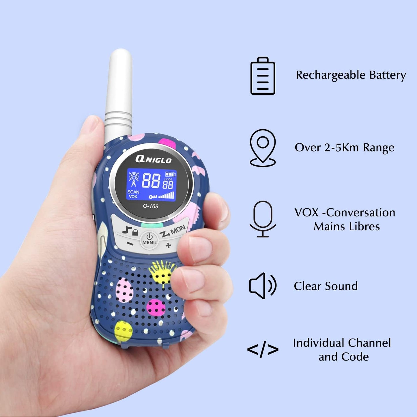 Qniglo Walkie Talkies for Kids - Rechargeable Kids Walkie Talkies with Clear Sound, Long Range - Perfect Birthday for 3-8 Year Old Boys Girls - Outdoor Adventures, Camping, Hiking