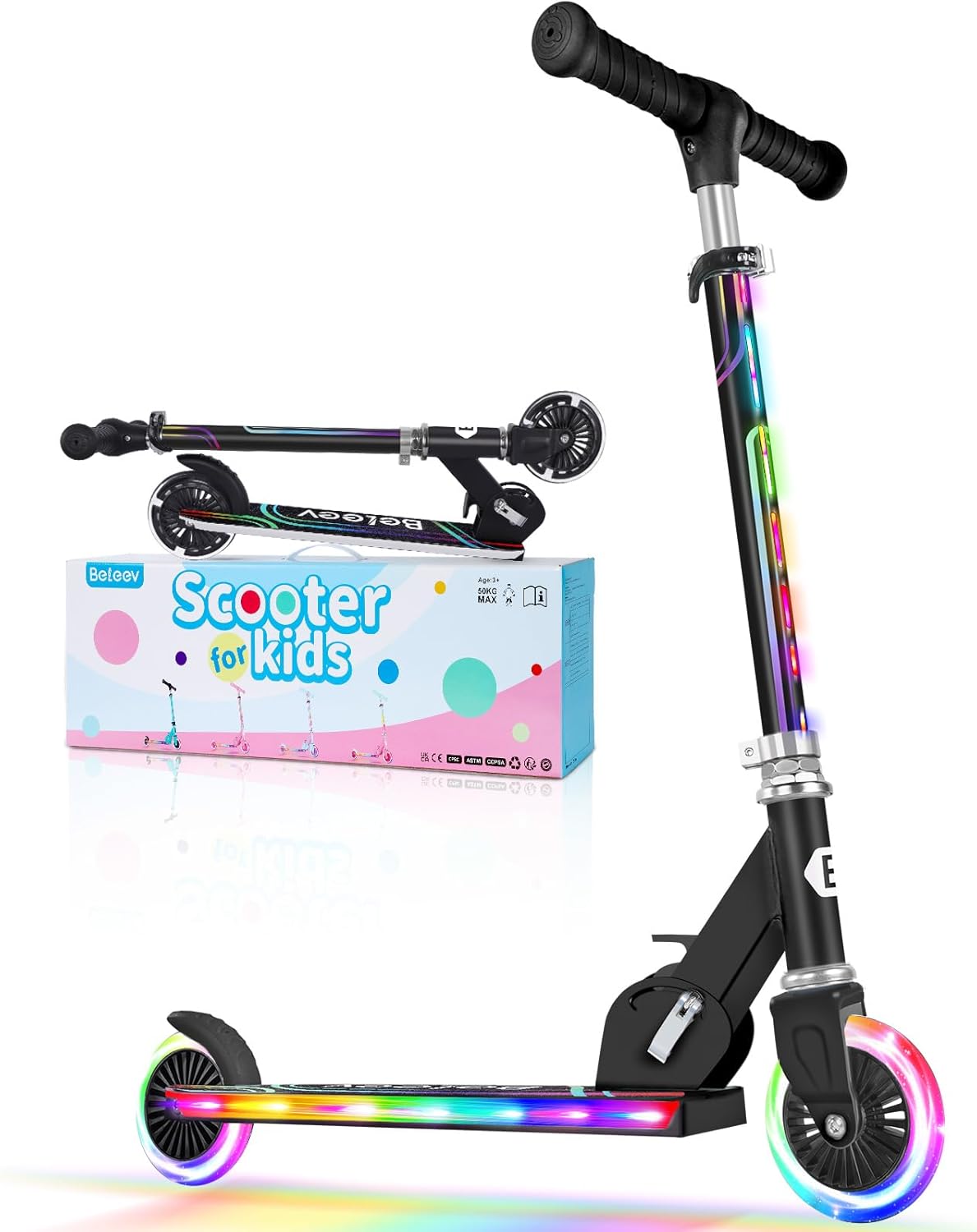 BELEEV V2 Scooters for Kids with Light-Up Wheels & Stem & Deck, 2 Wheel Folding Scooter for Girls Boys, 3 Adjustable Height, Non-Slip Pattern Deck, Lightweight Kick Scooter for Children Ages 3-12