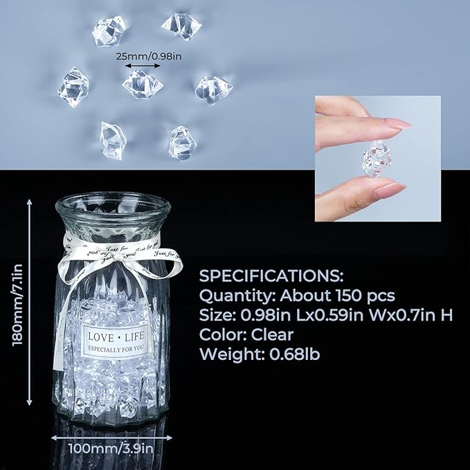 Acrylic Crushed Ice Rocks, Babenest 150 PCS Fake Crystals Plastic Ice Cubes Diamonds Gems for Vase Fillers, Home Decoration, Table Scatter, Event, Wedding, Arts & Crafts (Clear)