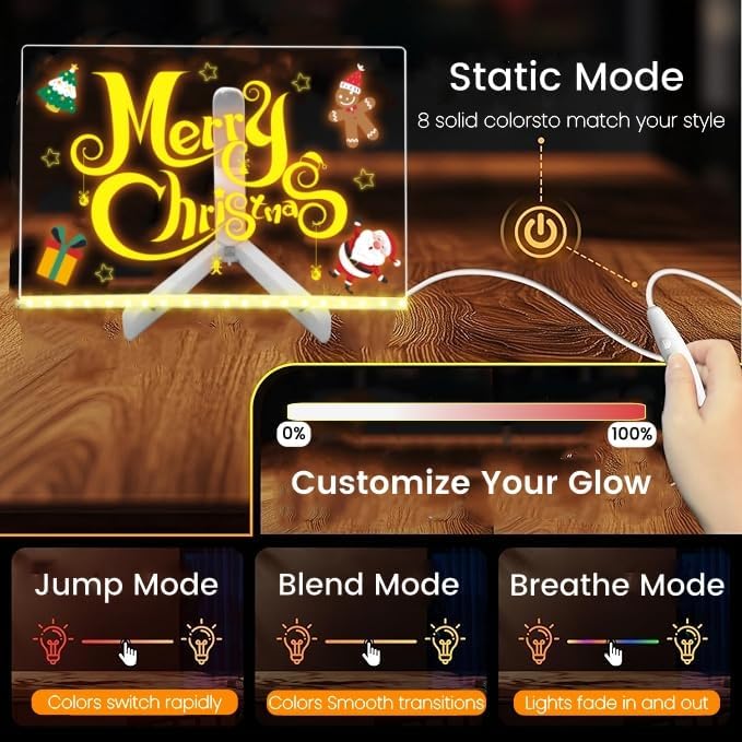 LED Note Board with Colors, 7-Color Acrylic Dry Erase Board with Light, 4 Dynamic Modes, 7 Markers and Eraser, LED Light-Up Memo Board for Kids, Home, Office, and Parties (11.8 * 8)