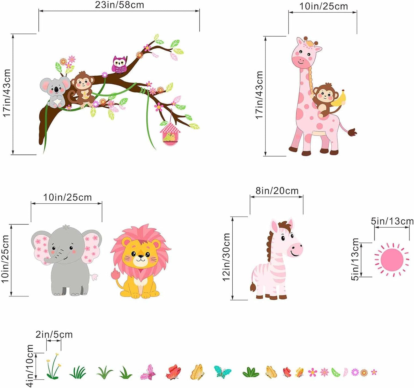 Animals Wall Decals for Girls Kids: Peel and Stick Elephant Giraffe Lion Monkey Wall Stickers - Baby Nursery Boys Room Girls Bedroom - Children Supplies Ages 1-12 Years Wall Decor Art