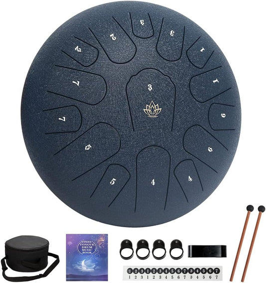 Rain Drum for Outside Garden,Steel Tongue Drum 12 Inches 15 Notes Musical Instruments, Handpan Drum Percussion Instrument, with Soft Bag, Music Book, 2 Mallets, for Meditation or Yoga(Navy Blue)
