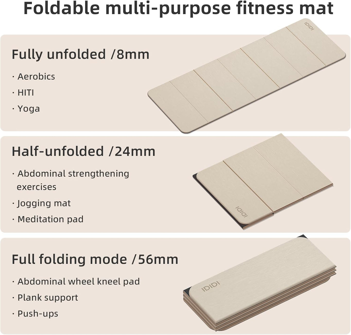 Foldable Yoga Mat Extra Thick 0.32 Inches Eco-Friendly POE Material, Non-Slip Design Fitness Mats, Multi-Purpose Workout Mats For Studio or Home Use (70 x 24 x 0.32 inches）