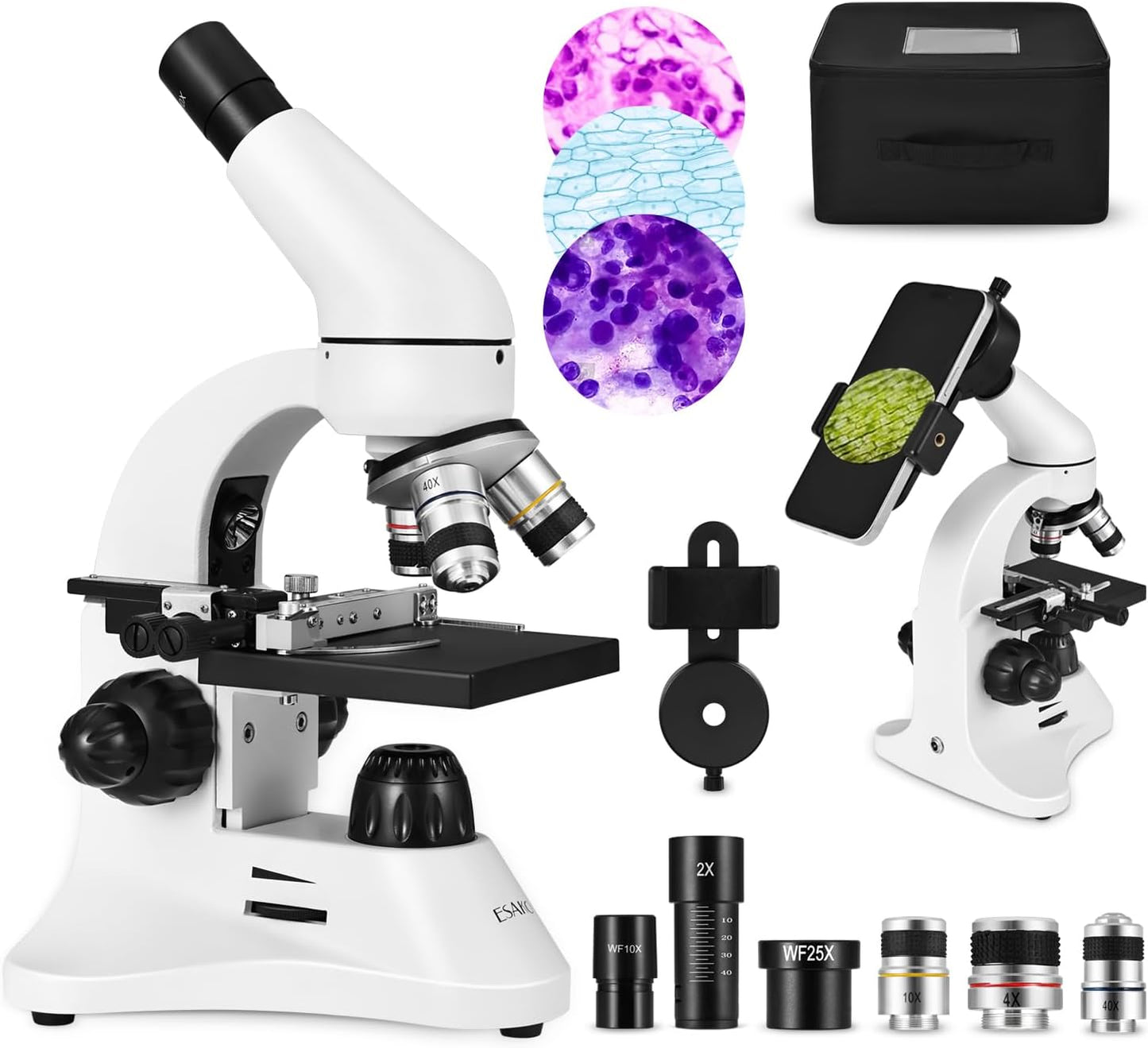 ESAKO 40-2000X Microscope for Kids Students Adults, with Mechanical Stage, Carry Bag & Slides Set Metal Body Microscope for Science Education School Laboratory