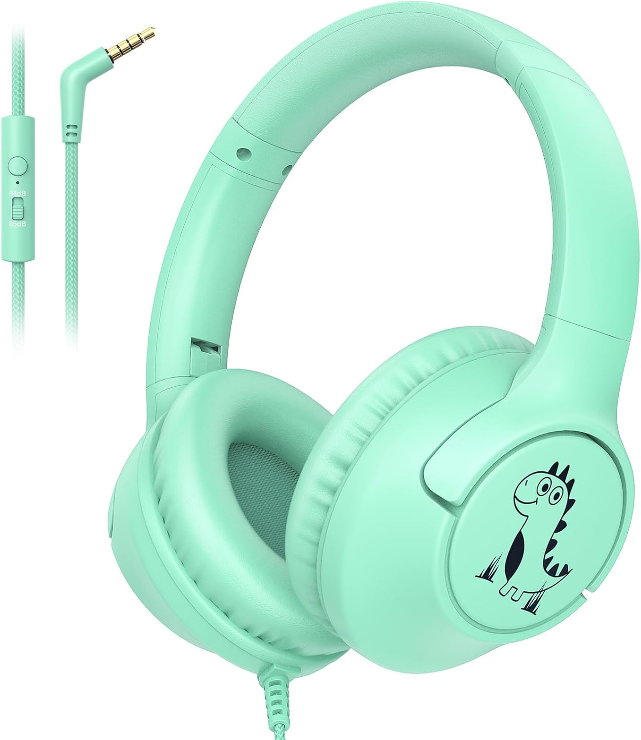 Kids Headphones Wired for School, 85/94dB Volume Limit Toddler Headphones with Microphone, Wired Cute Dinosaur for Boys Girls, Stereo Sound 3.5mm Plug for Kindle Tablet School, Green