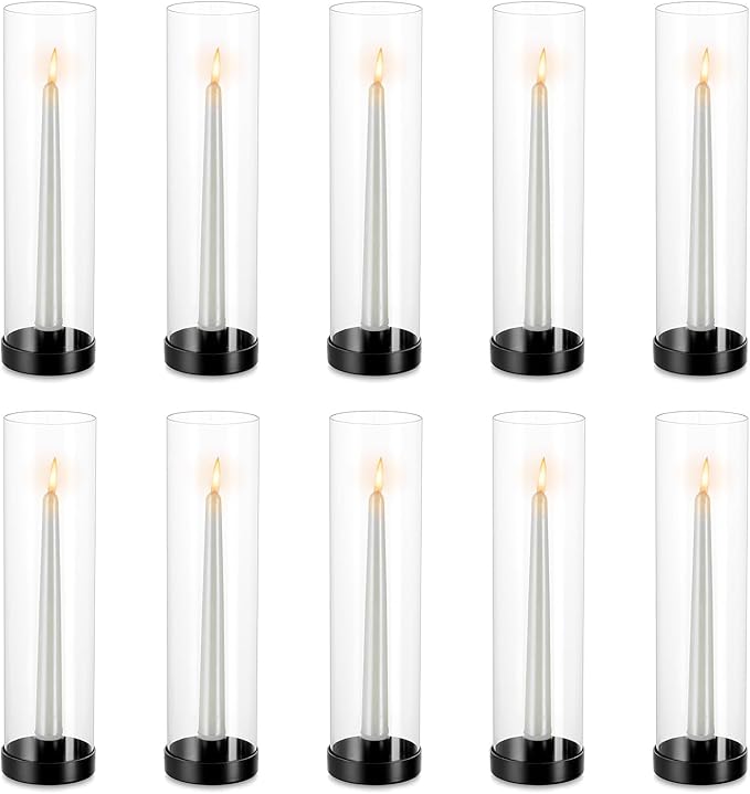 NUPTIO Black Taper Candle Holders: 10 Pcs Bulk 11.81 inch Tall Hurricane Glass Candlestick Tapered Holder Windproof Modern Clear Candles Stand for Outdoor & Indoor Wedding Party Holiday Centerpiece