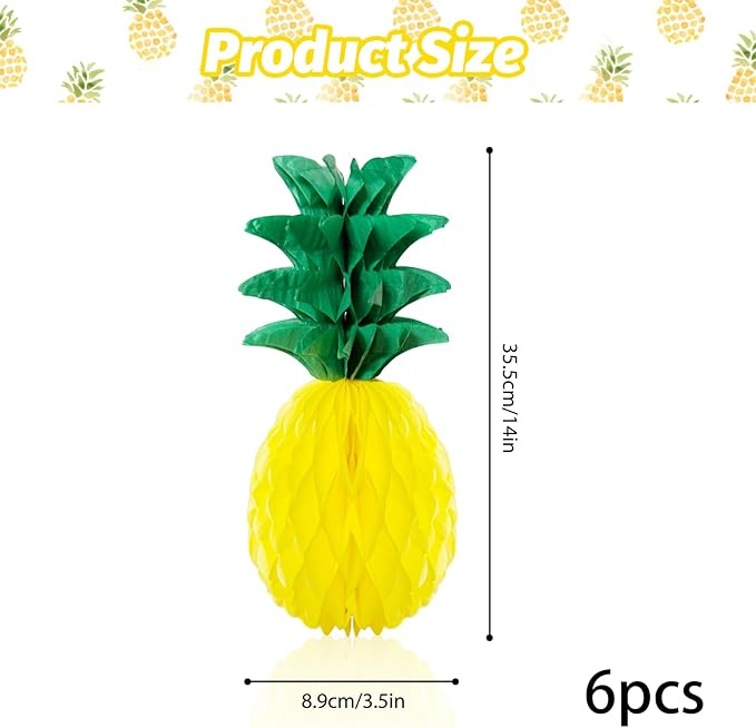 6 Pack 14 Inch Pineapple Honeycomb Decorations, Standing Tissue Paper Centerpieces, 3D Tropical Fruit Ornaments for Hawaiian Luau, Summer Pool, Beach Birthday, Jungle Theme Table Decor