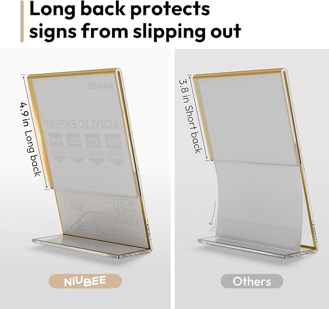 NIUBEE 6 Pack 5 x 7 Acrylic Gold Frame, Slanted Back Table Sign Holder for Wedding Table Numbers, Restaurant Signs, Photos and Art Display Visit the Store