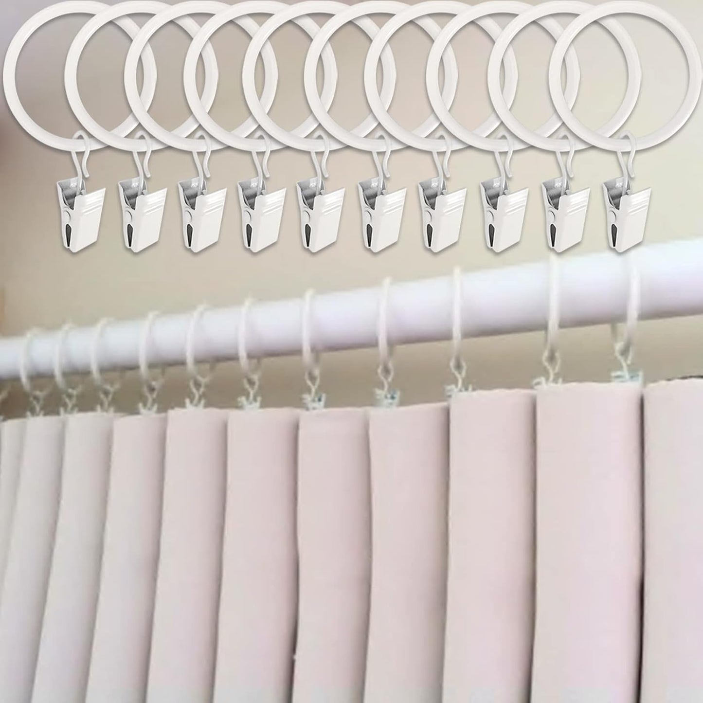 100 Pack White Curtain Rings with Clips, Curtain Hooks Hangers Clip Rings for Hanging Drapes Bows Hat, Drapery Rings 1.5 in I D, Fits up to 1.2 in Diameter Curtain Rod.