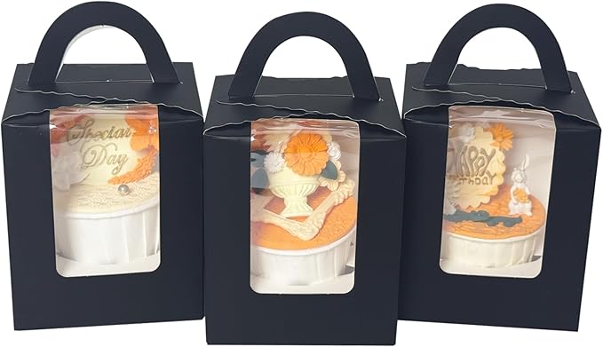 Bakepacker Auto-pop up Individual Cupcake Boxes with Window 25 Count Black Single Cupcakes Box 3.6 x 3.6 x 4.3inch Cupcake Carrier