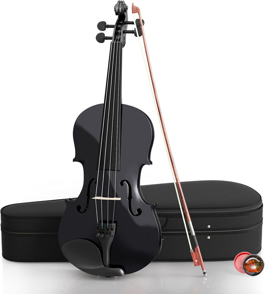 4/4 Beginner Violin Kit for Adults, Complete Full Size Violin Set with Portable Case, Bow, Rosin, Black
