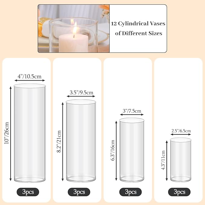 12 PCS Clear Cylinder Vases for Centerpieces | 4, 6, 8,10 Inch Tall Flower Vase for Wedding Decorations, Clear Floating Candle Vases in Bulk, Hurricane Candle Holders for Table, Home Décor