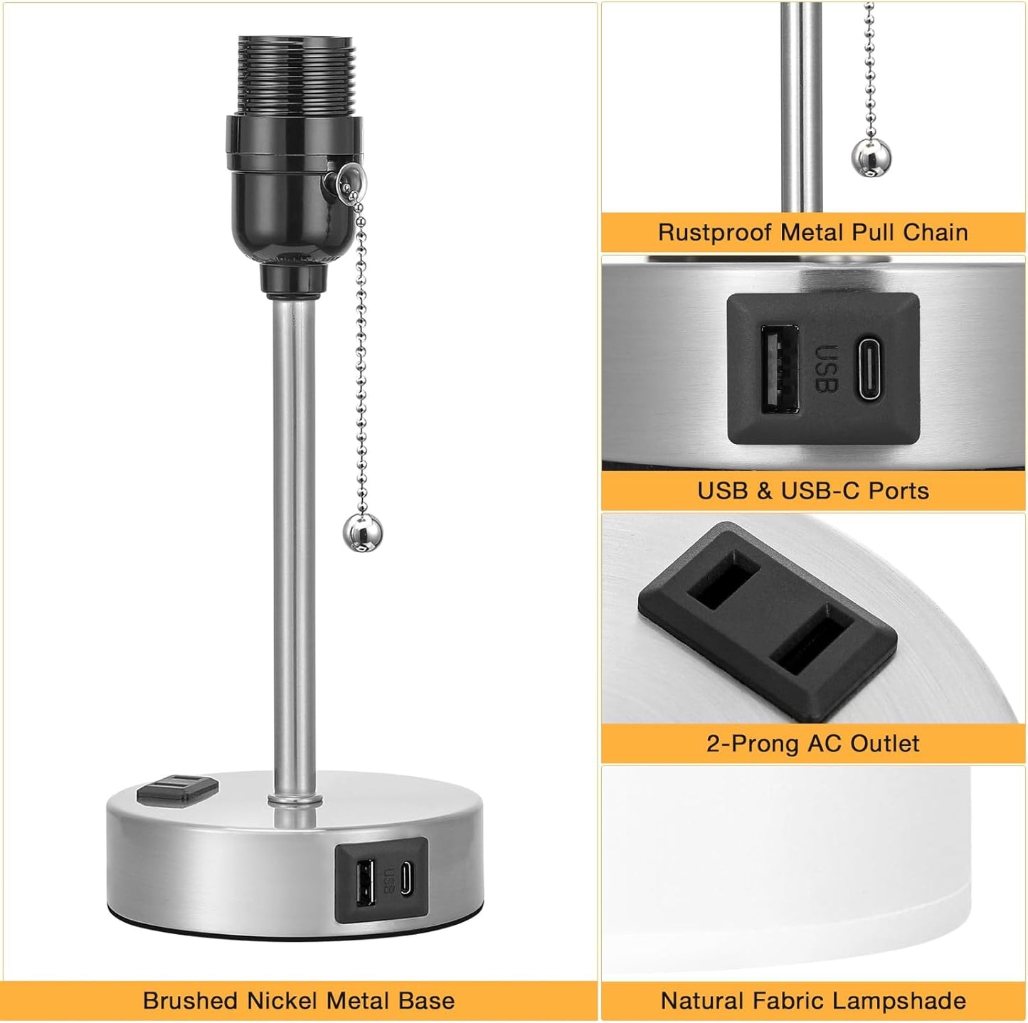 Dicoool White Bedside Lamp for Bedroom - 3 Color Temperatures Desk Lamp with USB C and A Ports, Pull Chain Table Lamp with AC Outlet, Nightstand Lamp with Silver Metal Base for Kids Girls