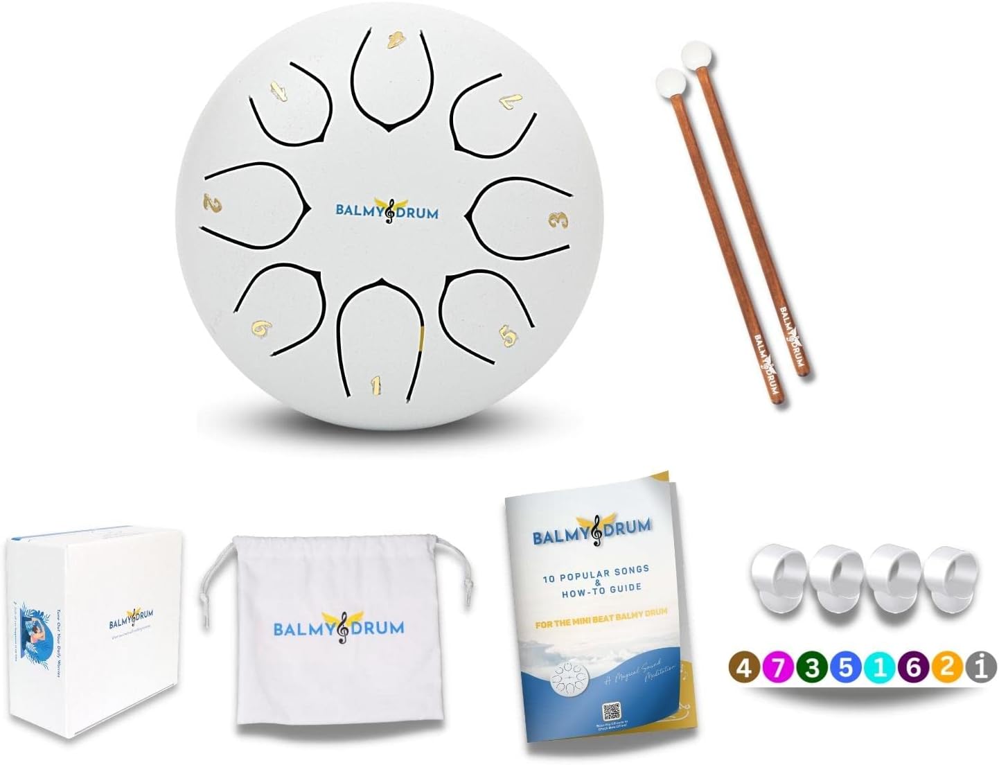 The Balmy Drum - 8 Note 6 Inch Steel Tongue Drum, Steel Drum Instrument, Drums For Children and Adults, Balmy Drum Set for Kids with Music Book, Handpan, Mallet and Carry Bag (White)