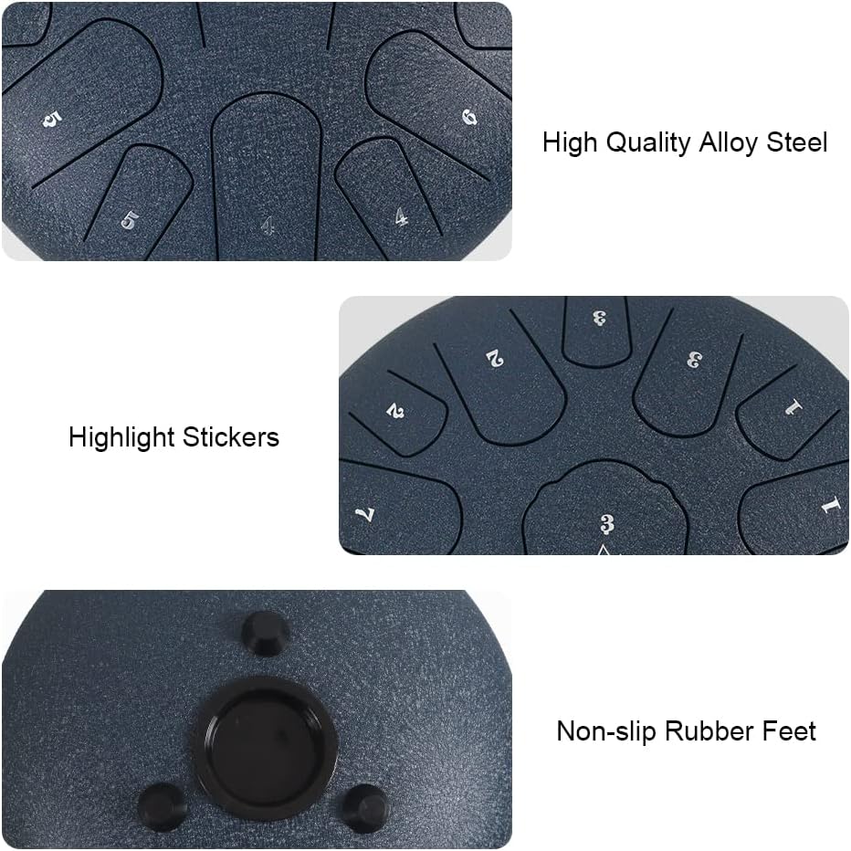 Rain Drum for Outside Garden,Steel Tongue Drum 12 Inches 15 Notes Musical Instruments, Handpan Drum Percussion Instrument, with Soft Bag, Music Book, 2 Mallets, for Meditation or Yoga(Navy Blue)