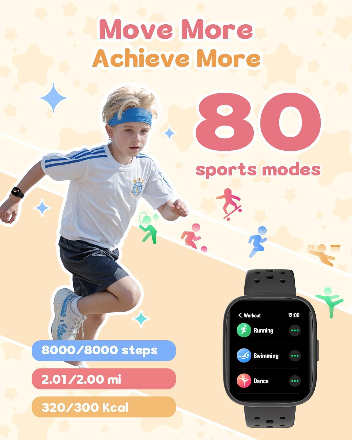 Kids Watch for Boys 5-12, Kids Smart Watch Fitness Tracker Pedometer, No Phone Needed, Puzzle Games with Parental Control, IP68 Waterproof, Heart Rate, Sleep Monitor, Step Counter, 80 Sports