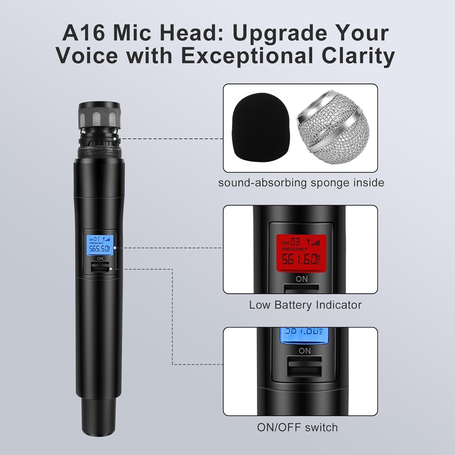 Wireless Microphone System, Dual UHF Metal Cordless Mic Set, Long Distance 150-200Ft,16 Hours Continuous, Fixed Frequency, Use for Karaoke Singing, Family Party,Church (CH.01&02)