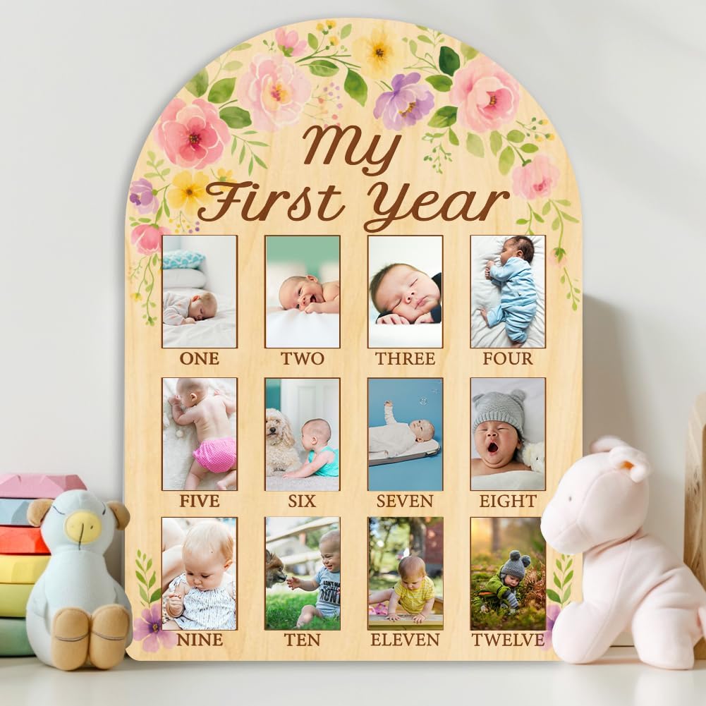 ORIGACH My First Year Baby Growth Photo Display Wood Board - 12 Months Newborn Milestones Photo Board - Neutral Baby Keepsake Board 1st Birthday Party Nursery Decor New Mom Gift - Flower