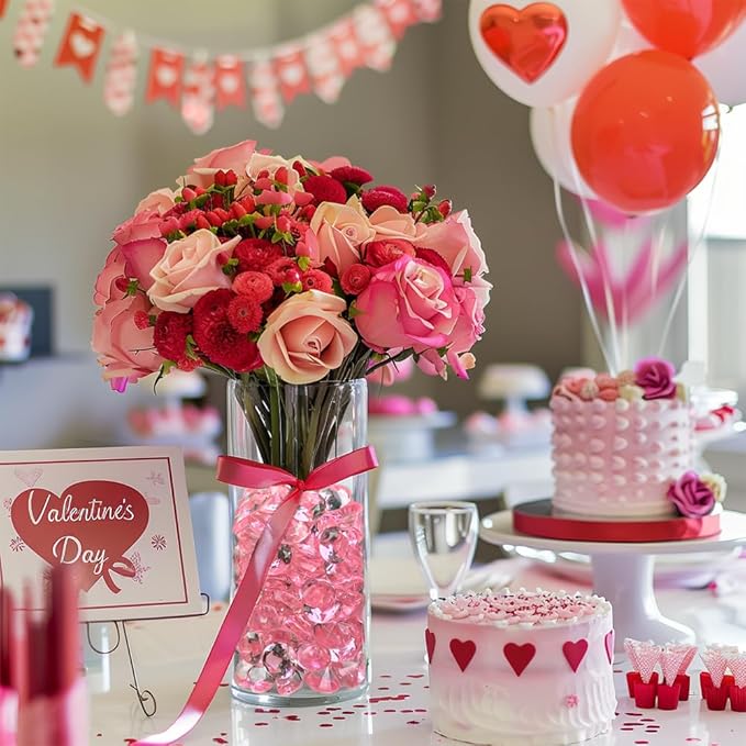 HappyFiller 250 PCS Pink Acrylic Crystals Gems 20 mm Fake Diamonds Party Favors Confetti Wedding Reception Decorations Table Scatter Poppers,Arts Crafts,Vase Fillers,Diving Pool Treasure Jewels