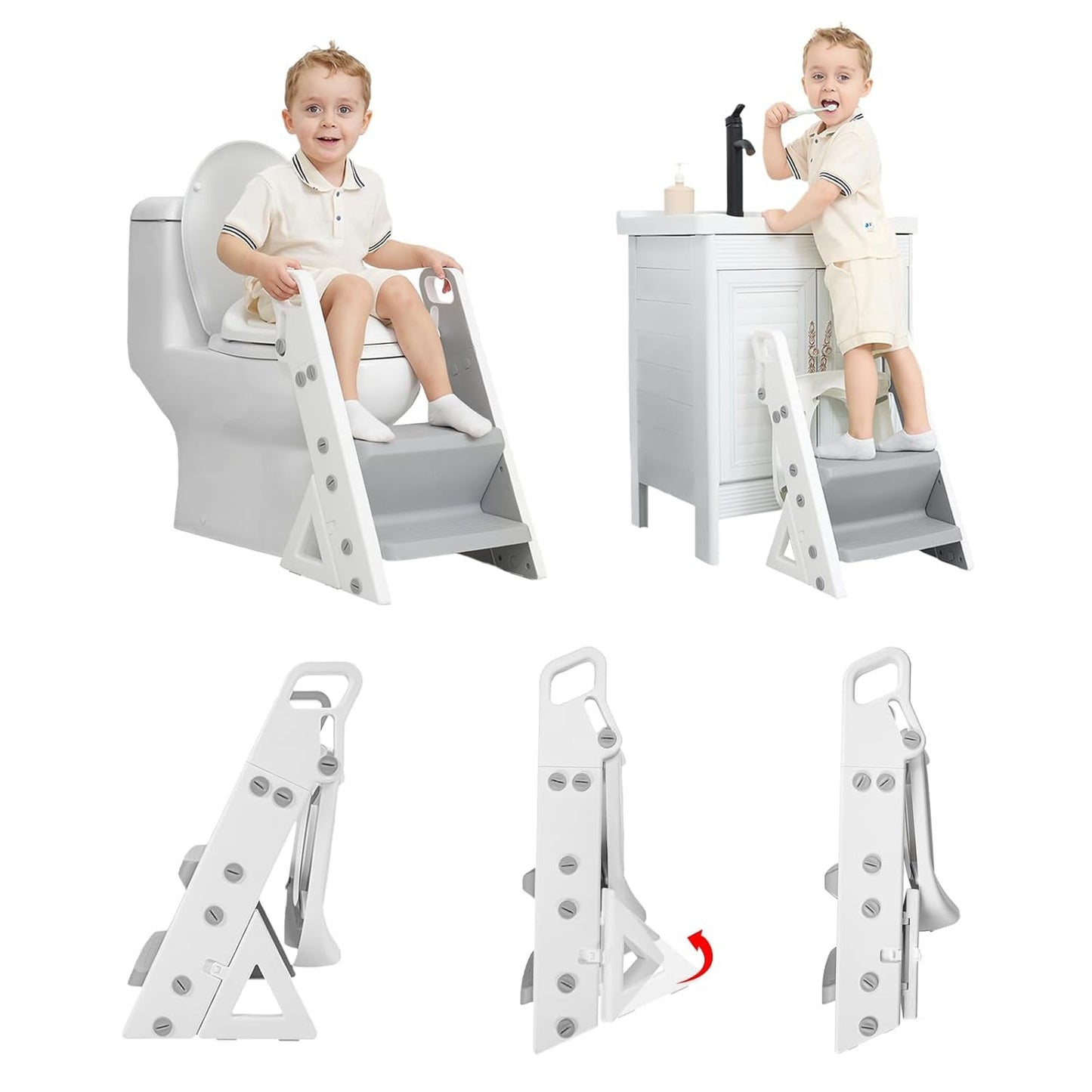 Primlect Space-Saving Potty Training Seat with Ladder, Adjustable Step and Toilet Seat Height, Top Handles for Easy Climbing, Easy to Carry, Portable Toddler Toilet Trainer for Small Bathrooms