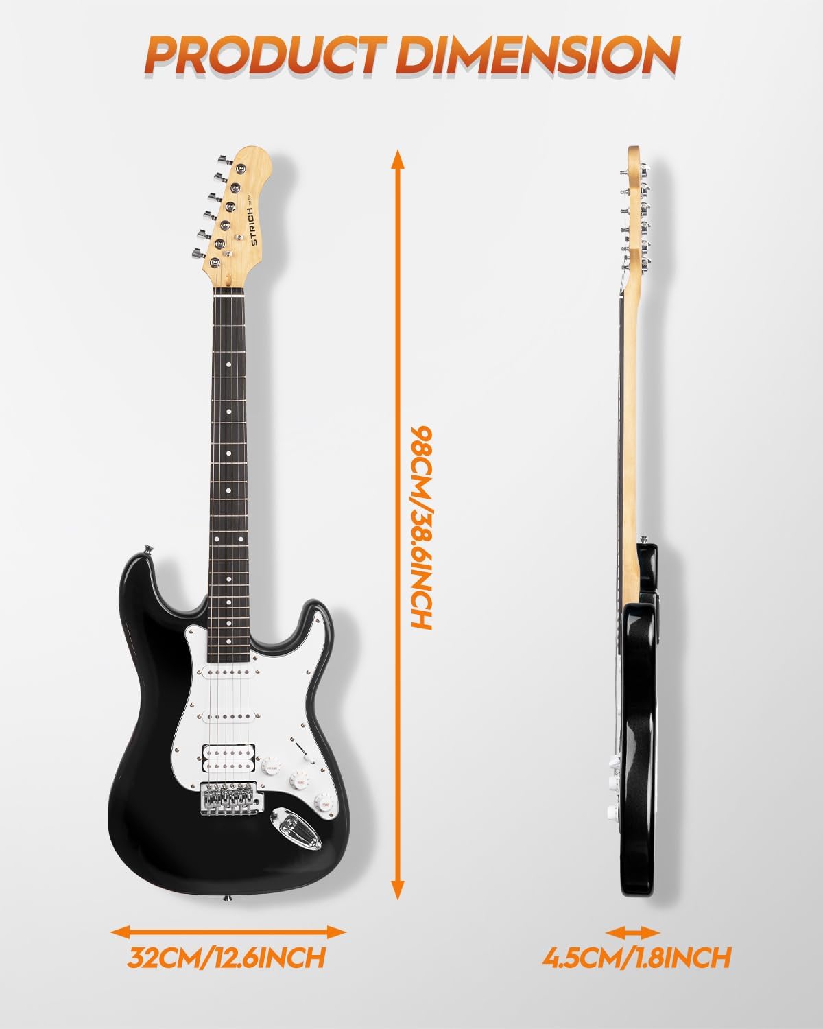 STRICH Electric Guitar Beginner Kit, Solid Body 39" Full Size Electric Guitar HSS Pick Up for Starter, with 10W Amp, Bag, Digital Tuner, Capo, Strap, String,Cable, Picks, SST-S20 Black