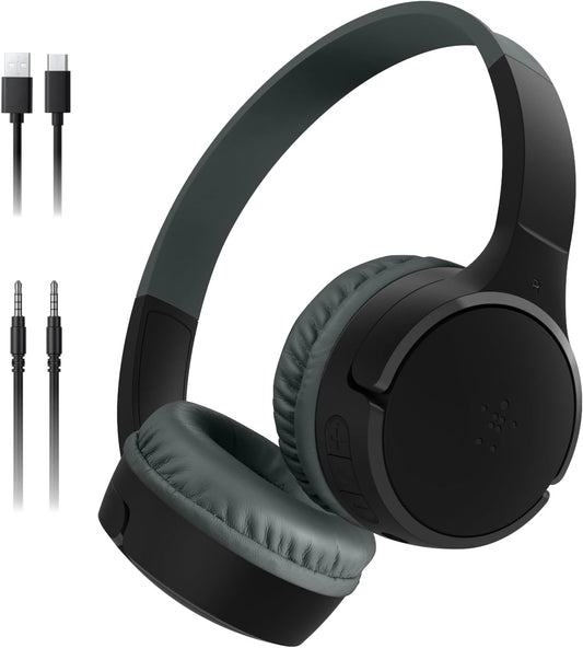 Belkin SoundForm Mini Kids Wireless Headphones w/Built-in Microphone, 30H of Playback Time, & Fun Stickers - Over-Ear Headsets for Online Learning, School, Travel, iPhone, iPad, Galaxy & More - Black