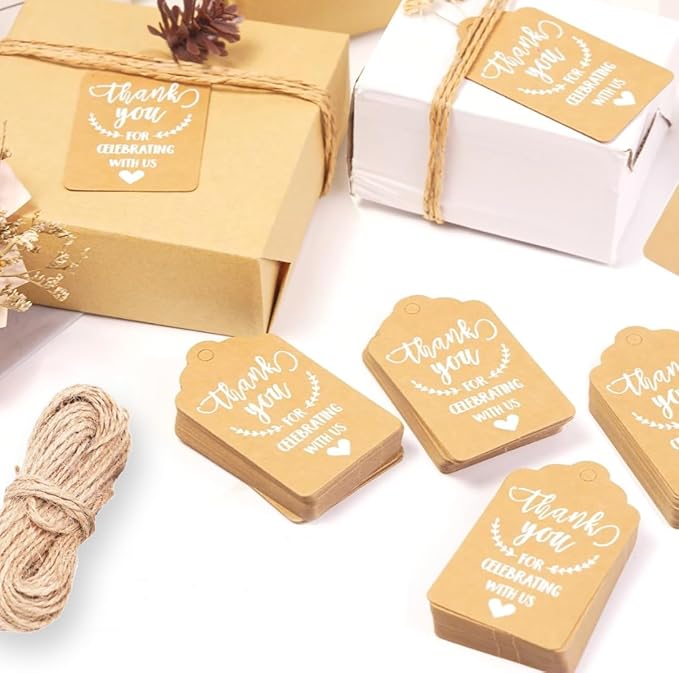 100 Pcs Kraft Paper Tags, Thank You for Celebrating with Us Tags with 20 Meters Jute Twine for Wedding Thanksgaving Christmas Party Arts and Crafts DIY Favor
