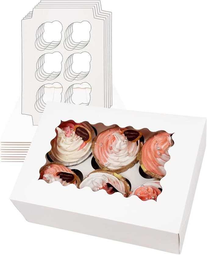 Bakepacker Auto-pop up 6 Cupcake Boxes with Window 20 Count White Box 9.4 x 6.1 x 3 inch Cupcake Carrier